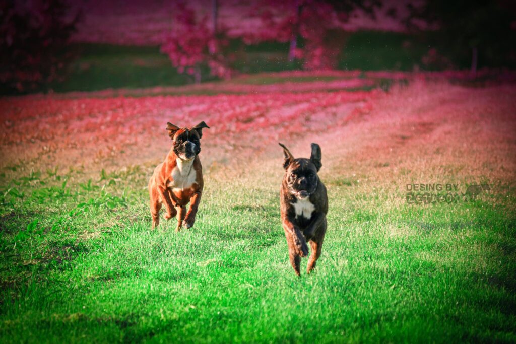 Two German boxers run on the green grass in the field