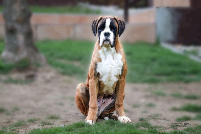 A yellow German boxer with whites sits on the grass